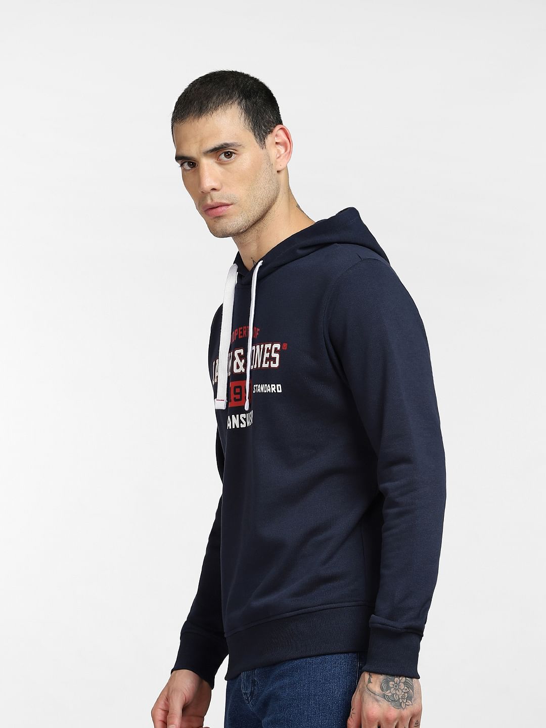 Navy Blue Logo Print Hooded Sweatshirt