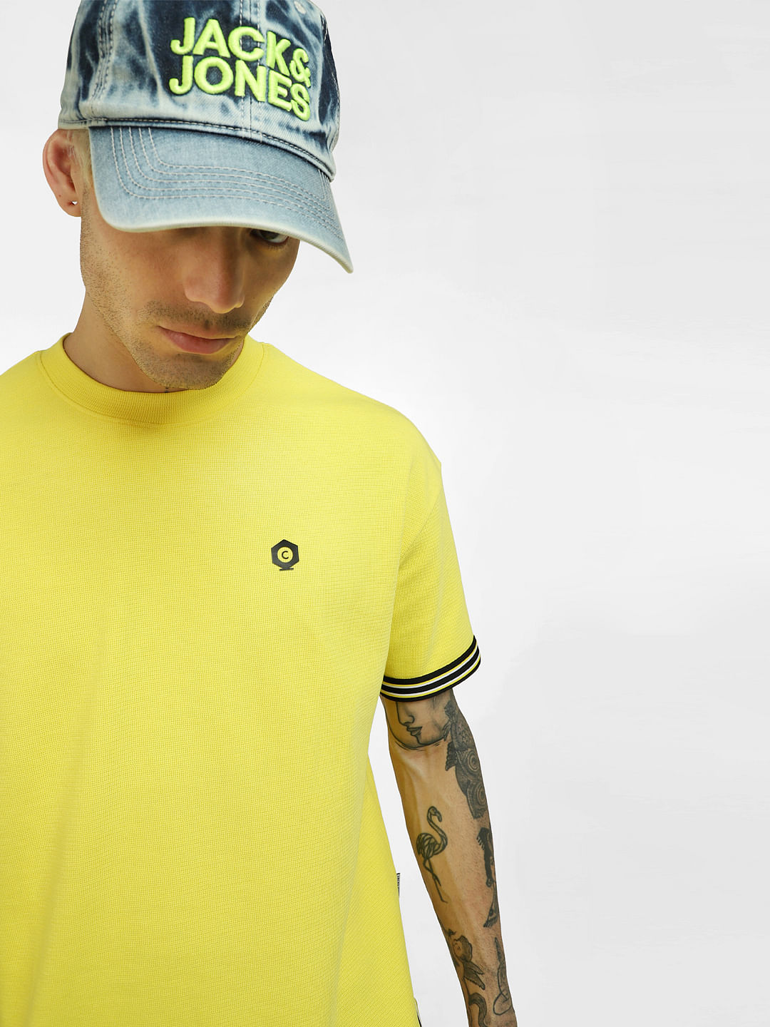Yellow Contrast Tipping Crew Neck T-shirt - S