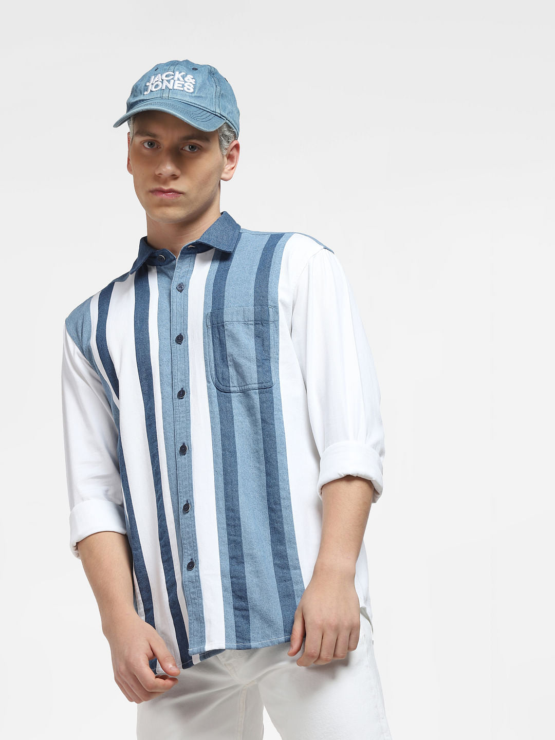 METAVERSE White Striped Full Sleeves Shirt - S