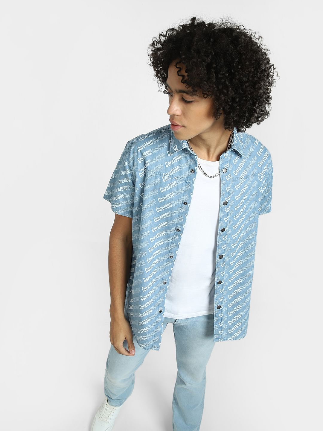 Blue Printed Short Sleeves Denim Shirt - S