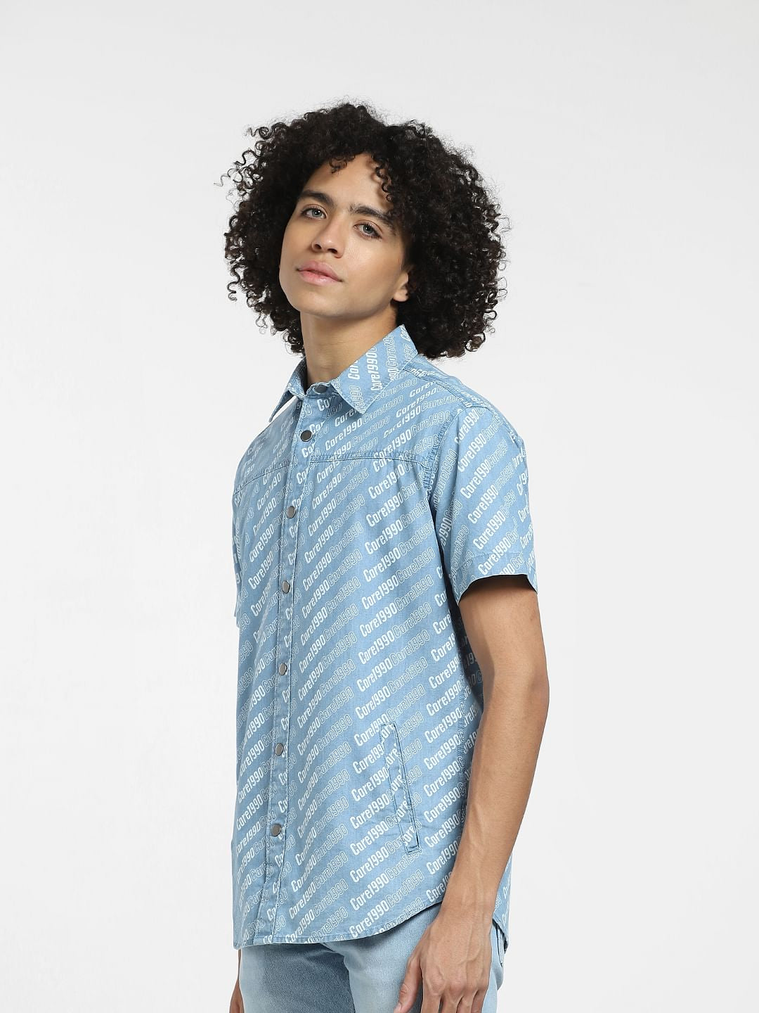 Blue Printed Short Sleeves Denim Shirt
