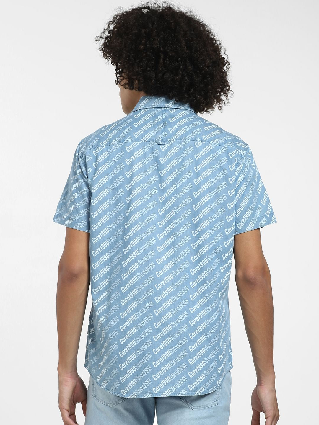 Blue Printed Short Sleeves Denim Shirt