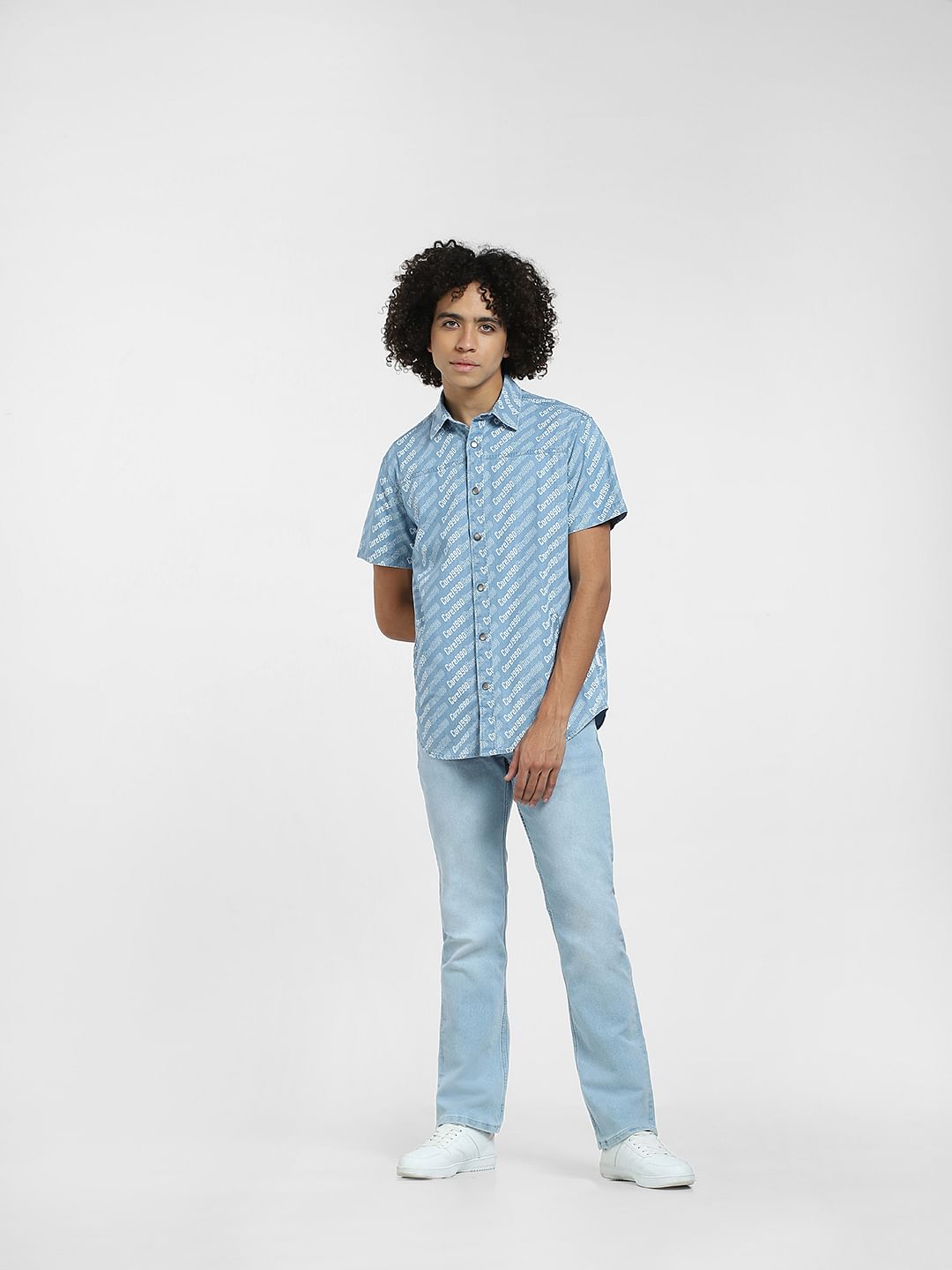 Blue Printed Short Sleeves Denim Shirt