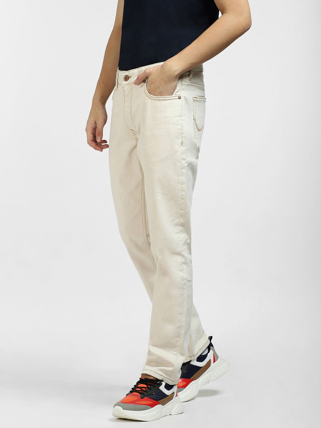 Beige Low Rise Tim Slim Fit Jeans