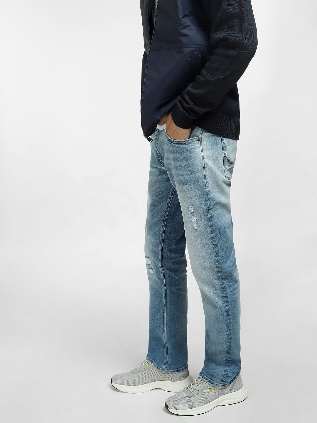 Light Blue Mid Rise Distressed Regular Fit Jeans