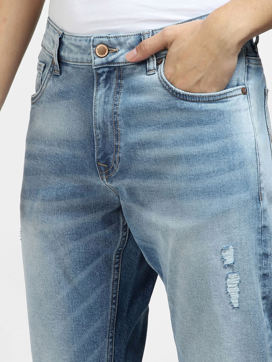 Light Blue Mid Rise Distressed Regular Fit Jeans