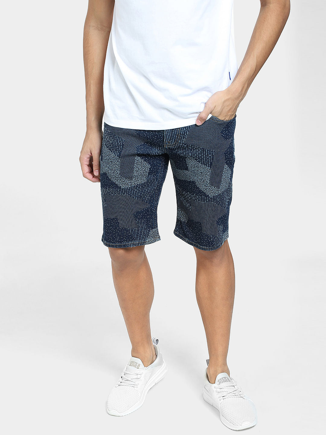 Dark Blue Mid Rise Printed Denim Shorts