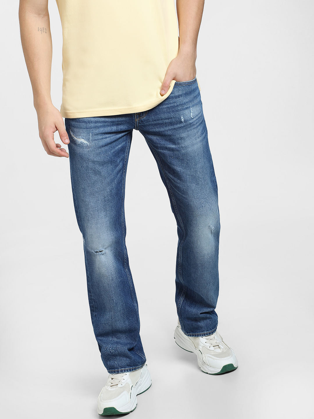 Blue Mid Rise Distressed Clark Regular Fit Jeans