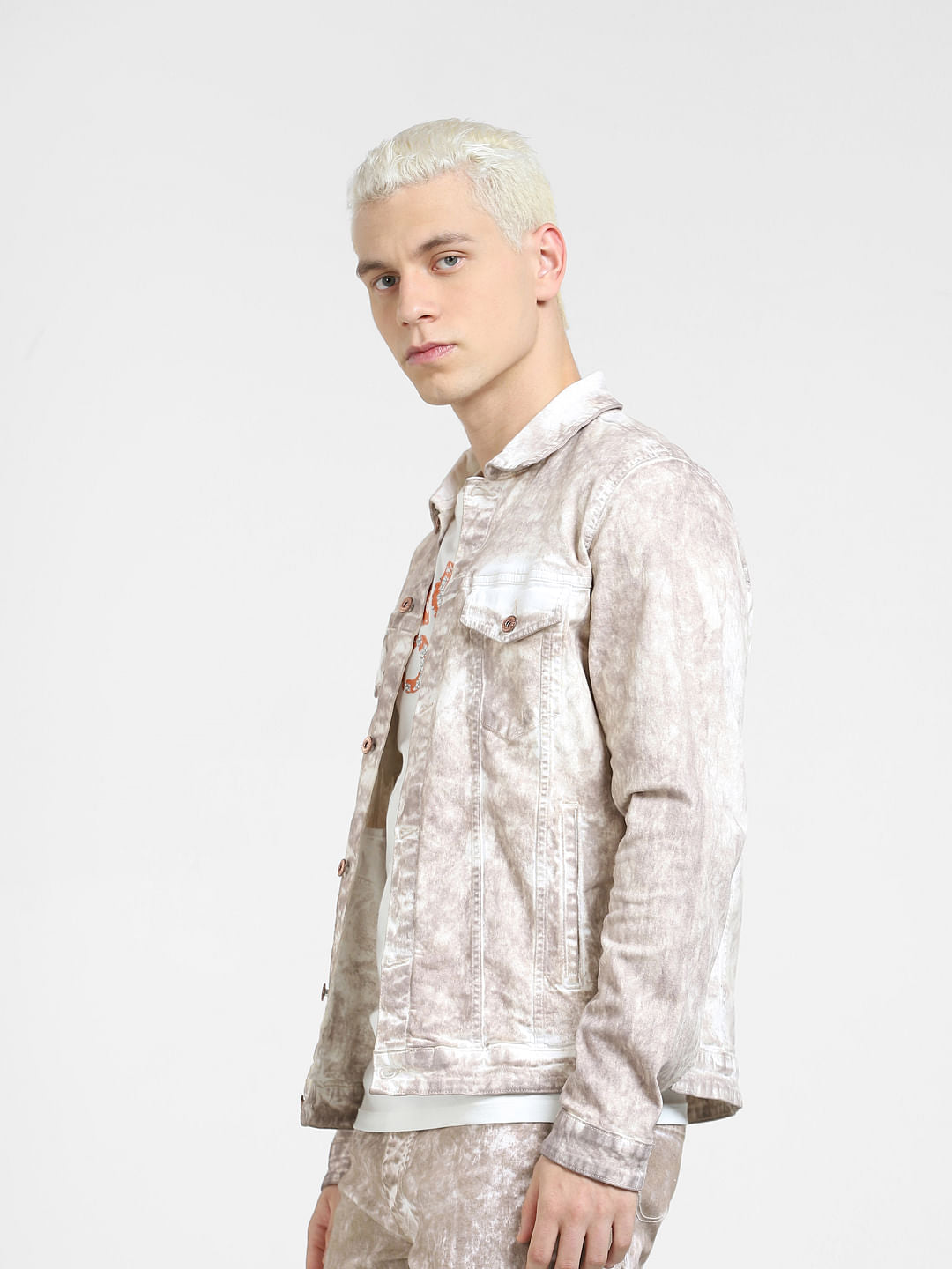 Beige Printed Co-ord Denim Jacket