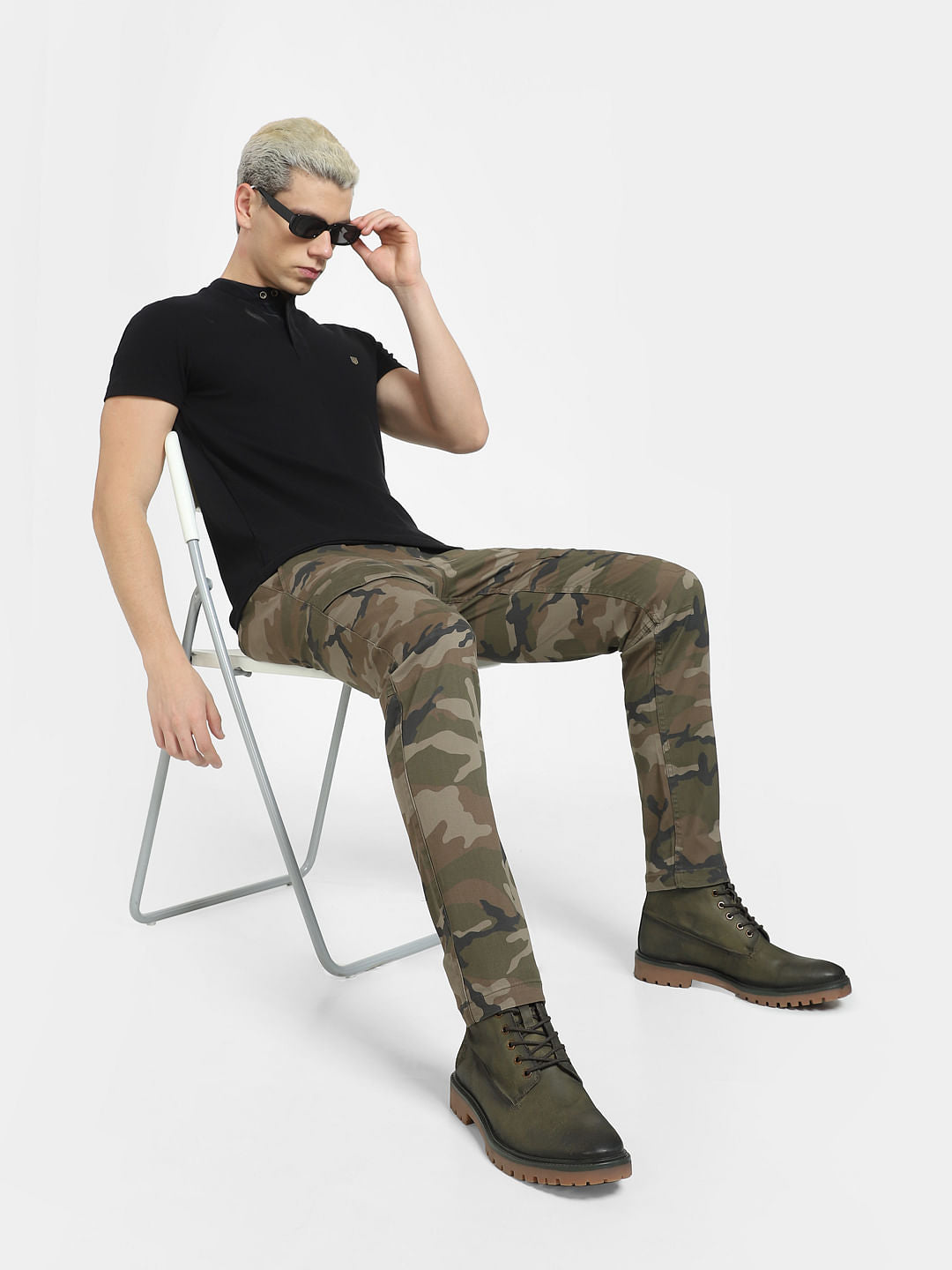 Green Mid Rise Camo Print Cargo Pants