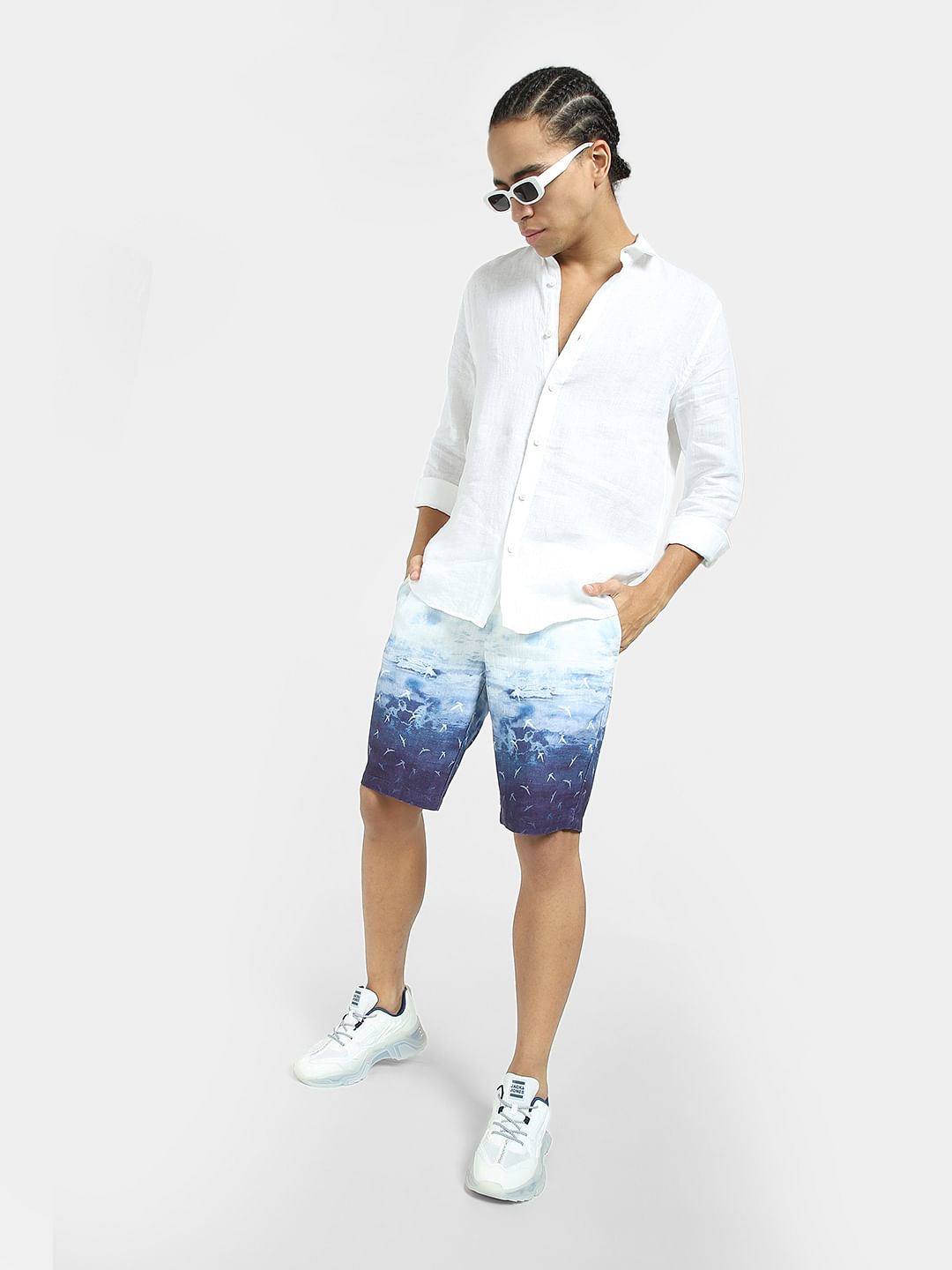 White Low Rise Printed Chino Shorts