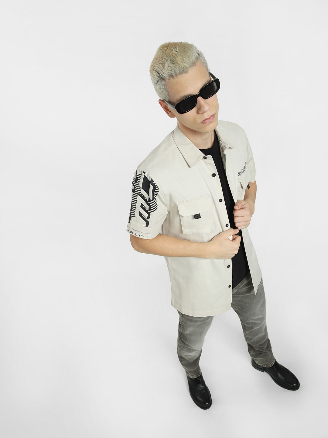 Beige Printed Short Sleeve Shirt - S
