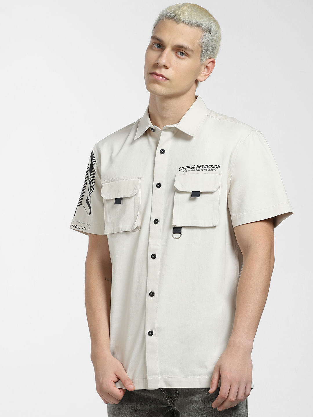 Beige Printed Short Sleeve Shirt