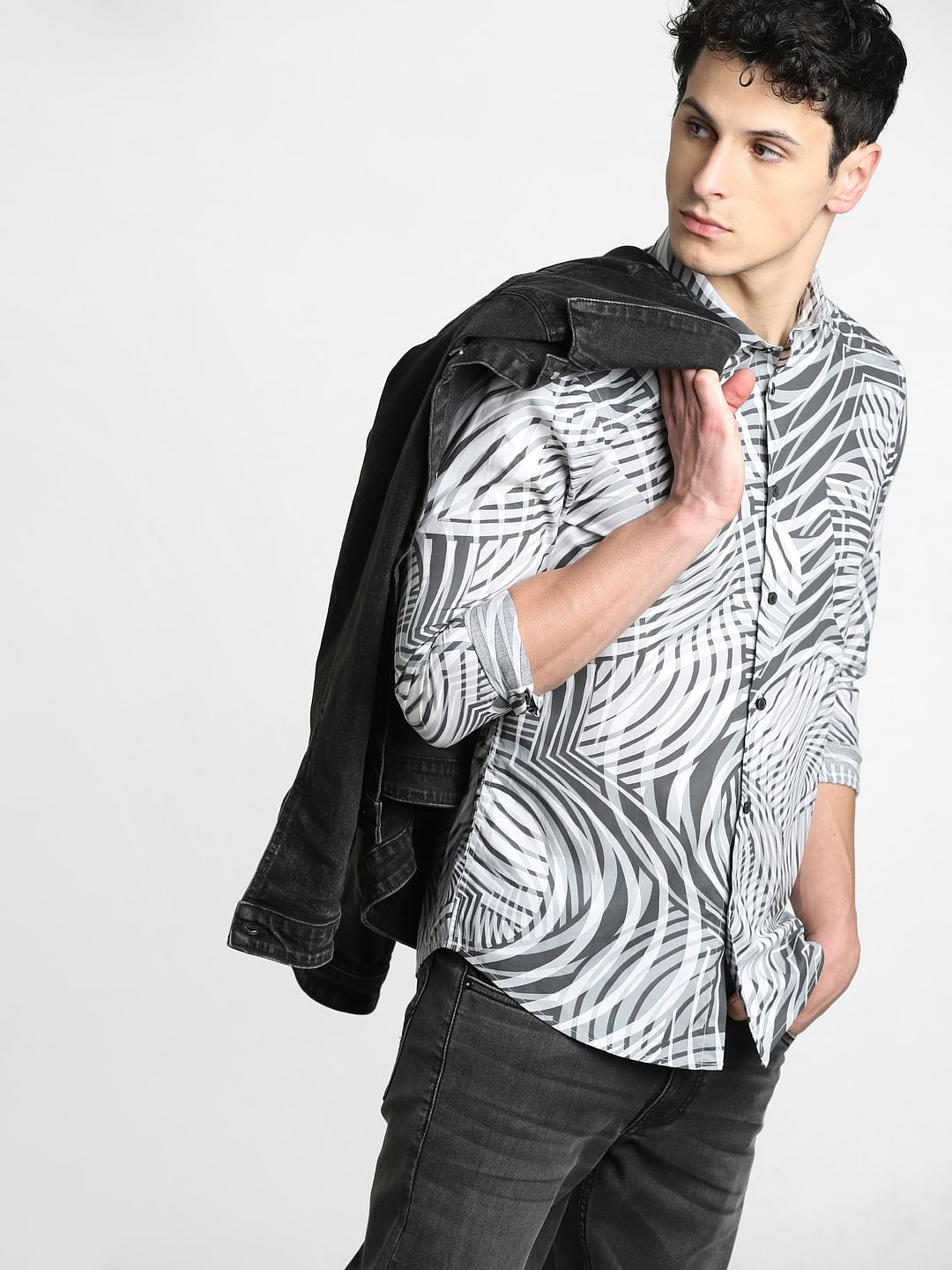 White Abstract Print Full Sleeves Shirt - S