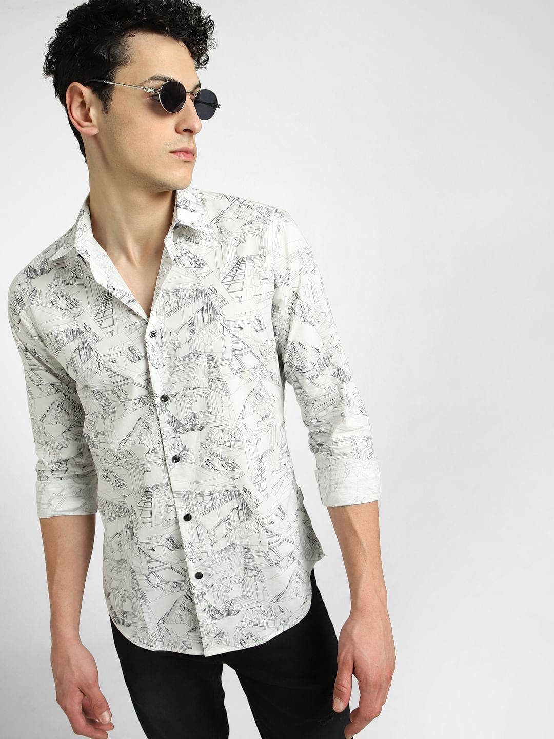 White Abstract Print Full Sleeves Shirt - S