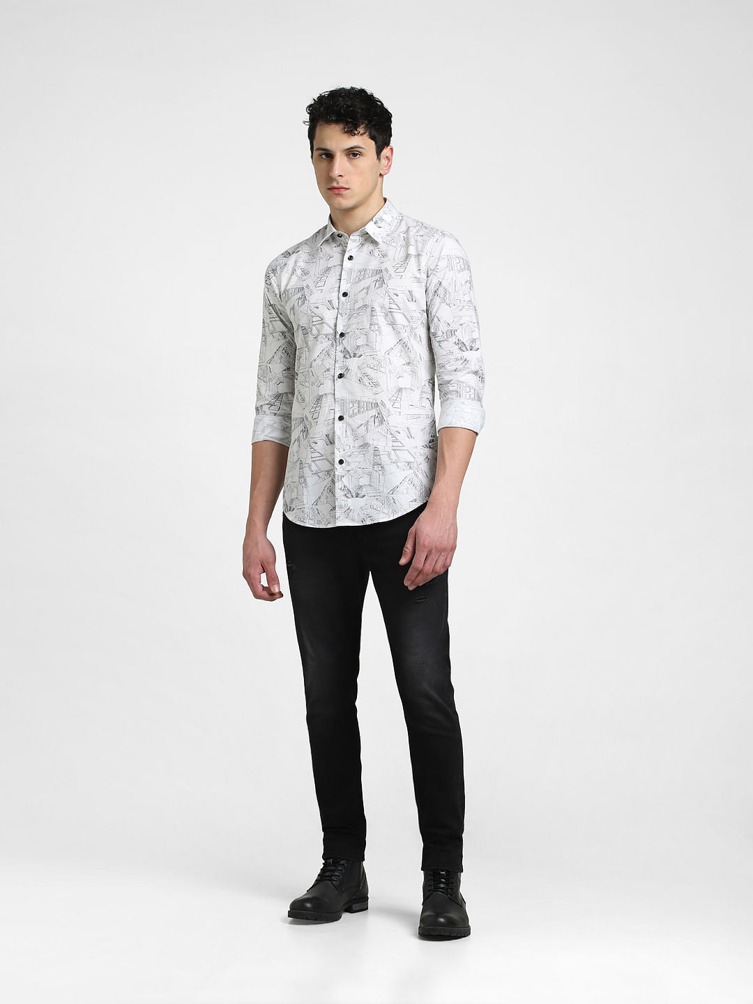 White Abstract Print Full Sleeves Shirt