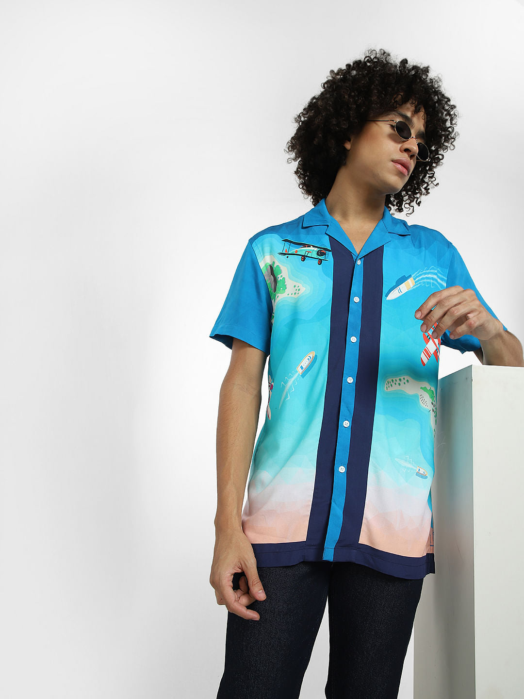 Blue Abstract Print Short Sleeves Shirt - S