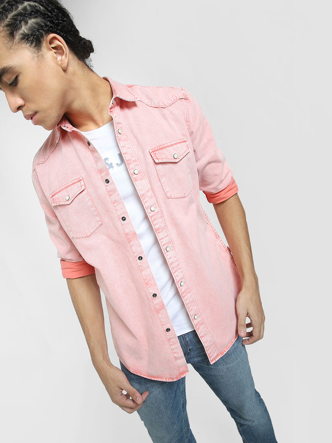 METAVERSE Pink Denim Full Sleeves Shirt - XL