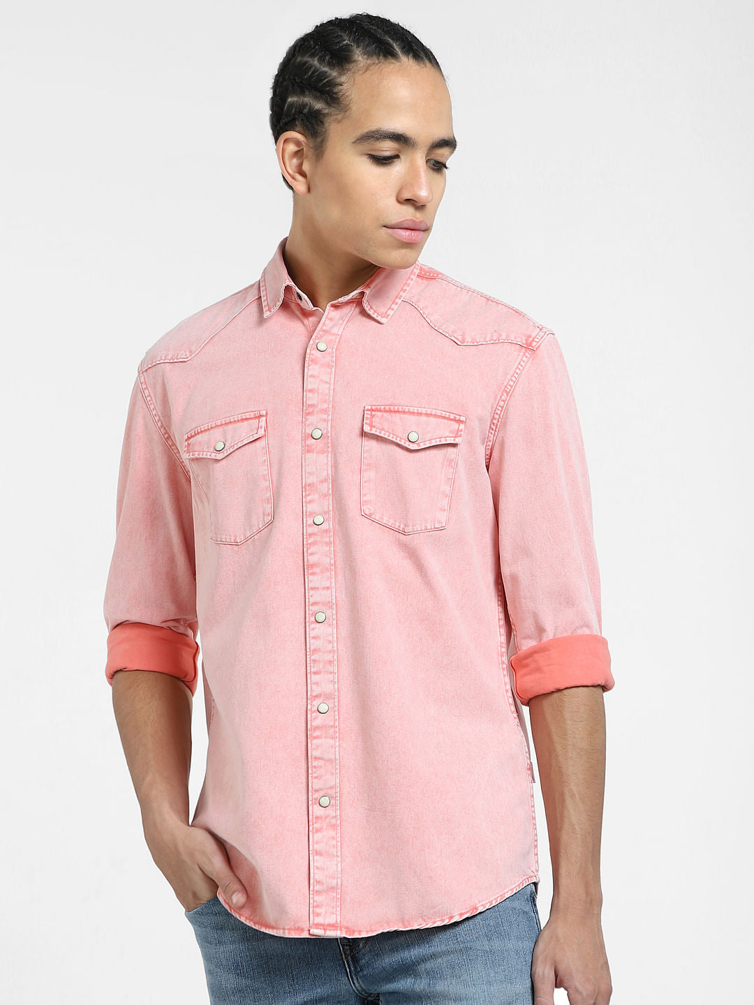 METAVERSE Pink Denim Full Sleeves Shirt