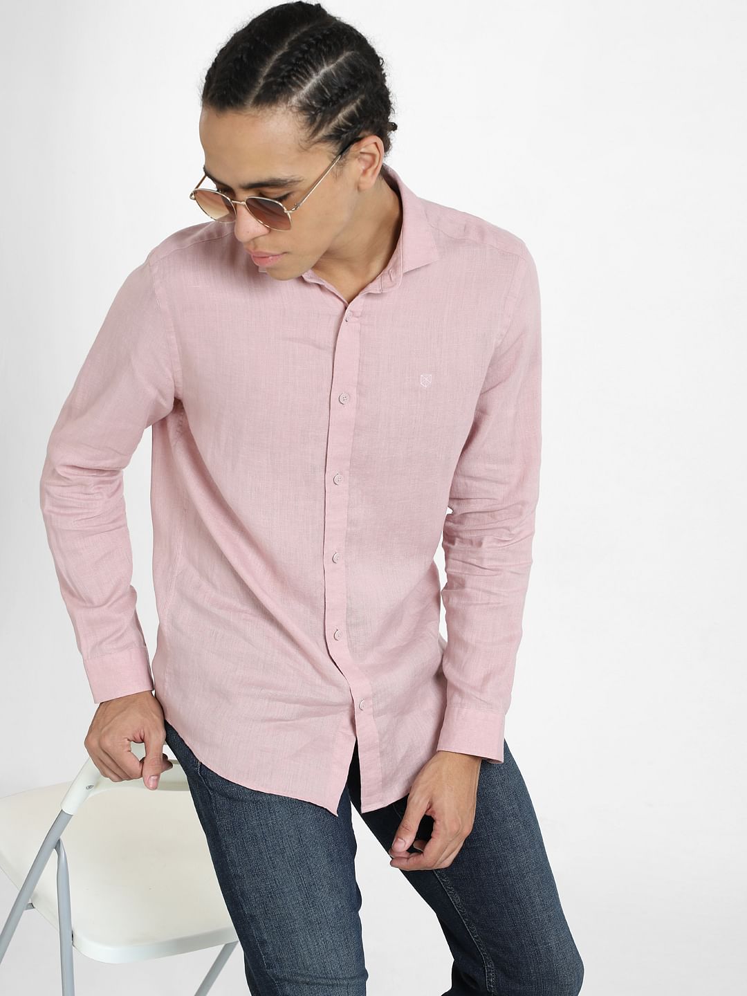 Pink Linen Full Sleeves Shirt - S