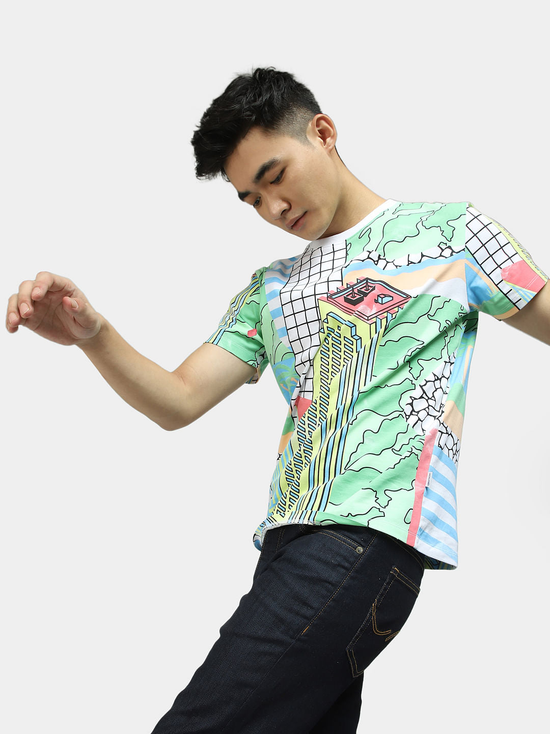 METAVERSE Green Printed Crew Neck T-shirt - S
