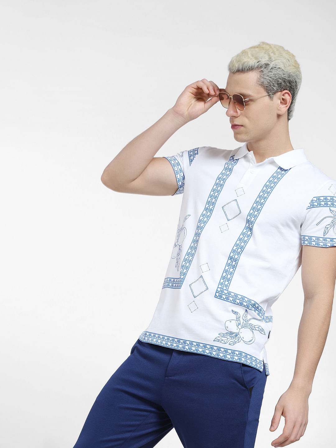 White Printed Polo Neck T-shirt - S