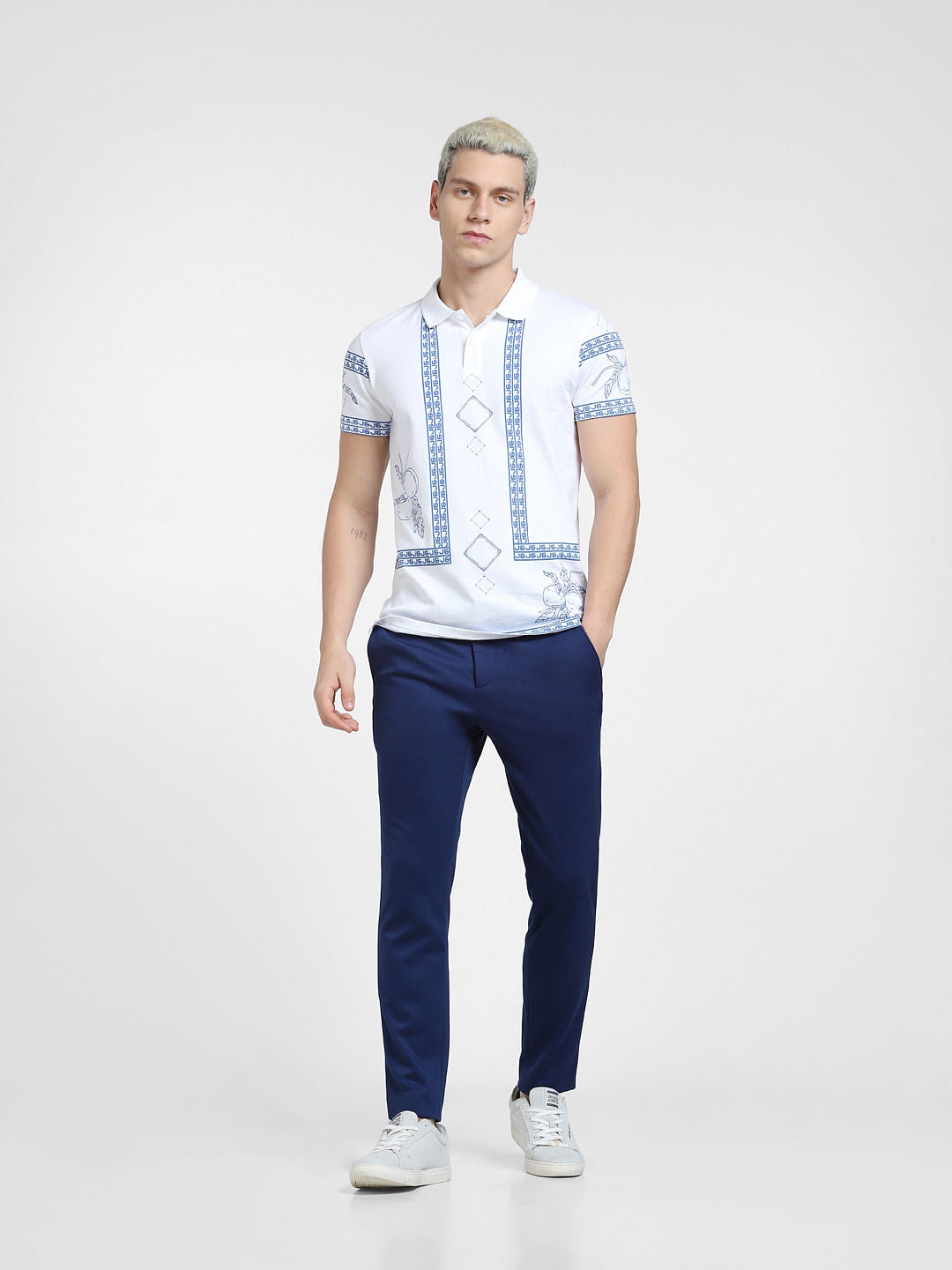 White Printed Polo Neck T-shirt