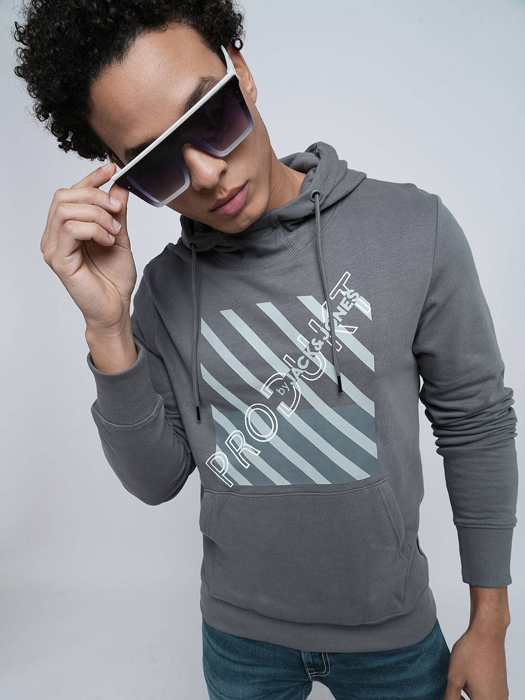 PRODUKT by JACK&JONES Grey Printed Hooded Sweatshirt - S