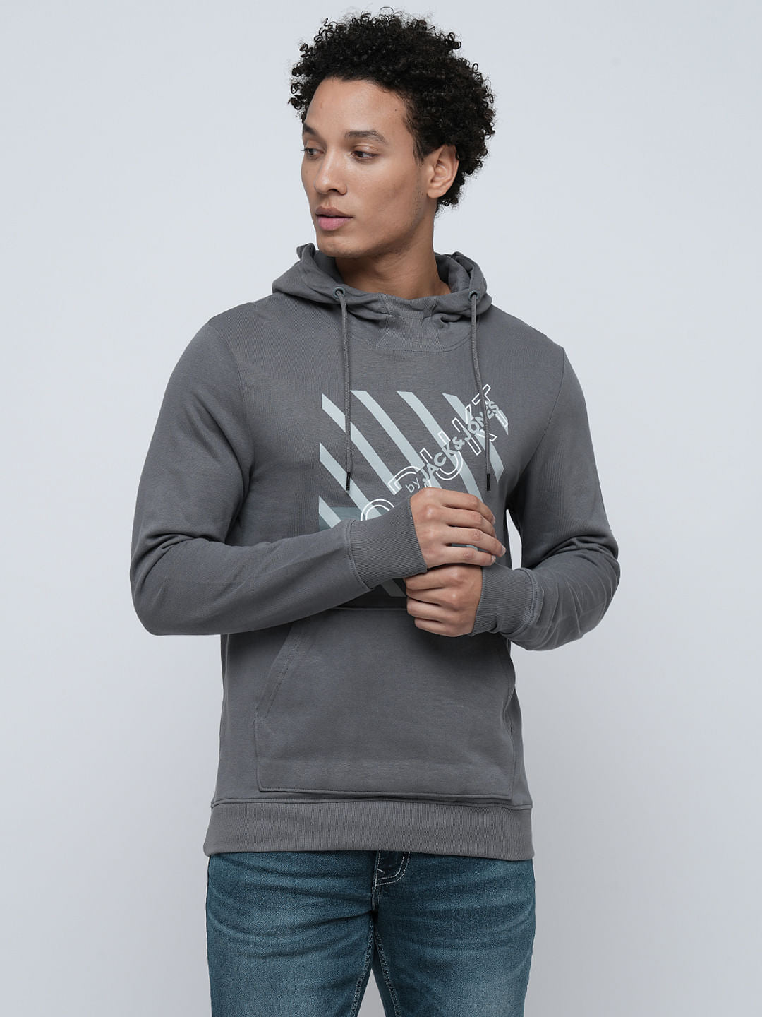 PRODUKT by JACK&JONES Grey Printed Hooded Sweatshirt