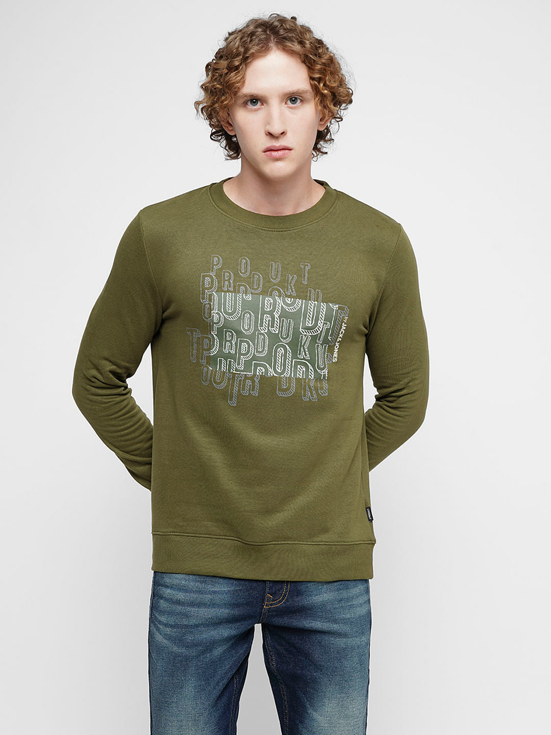 PRODUKT by JACK&JONES Green Printed Cotton Sweatshirt