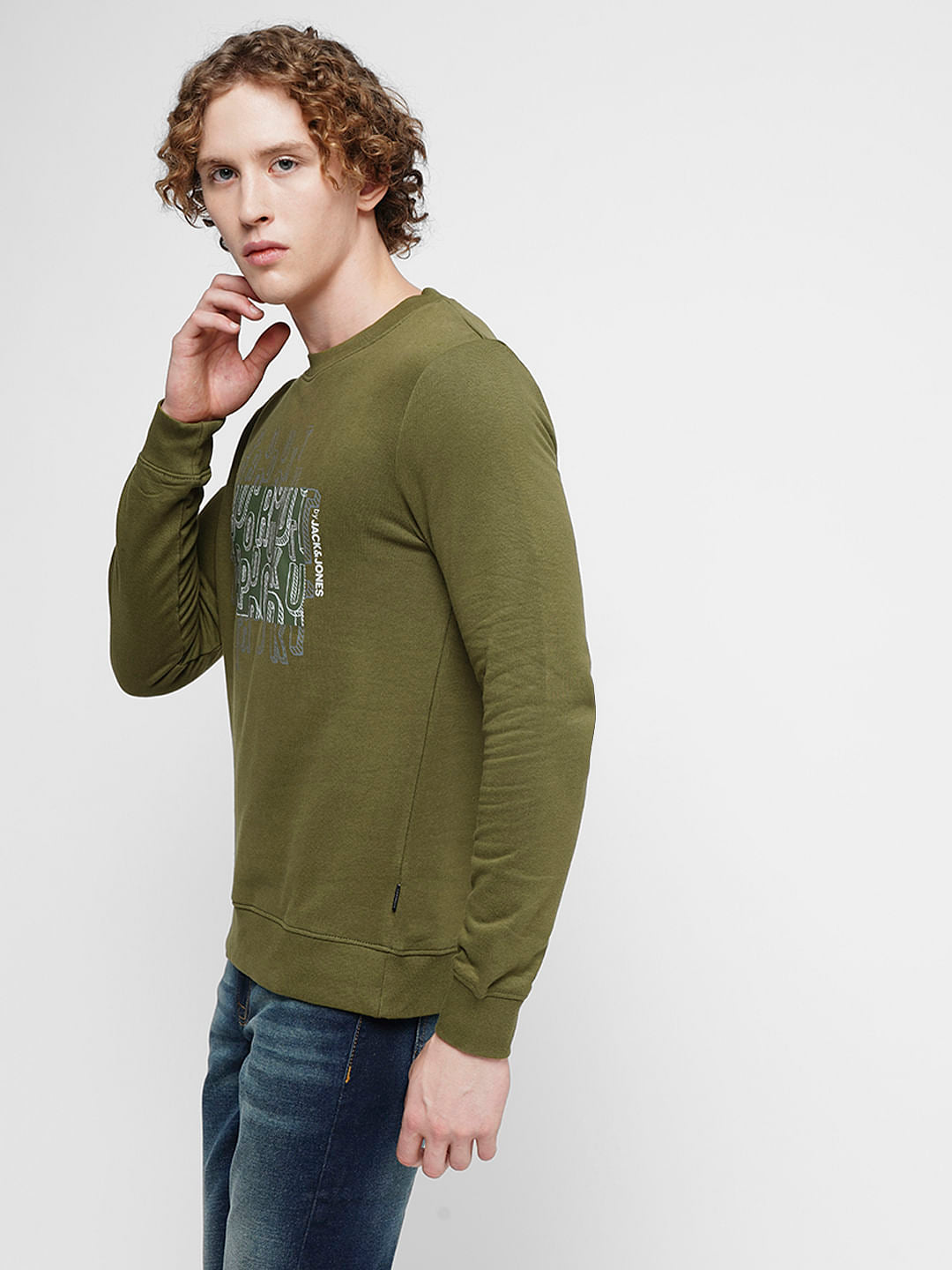PRODUKT by JACK&JONES Green Printed Cotton Sweatshirt