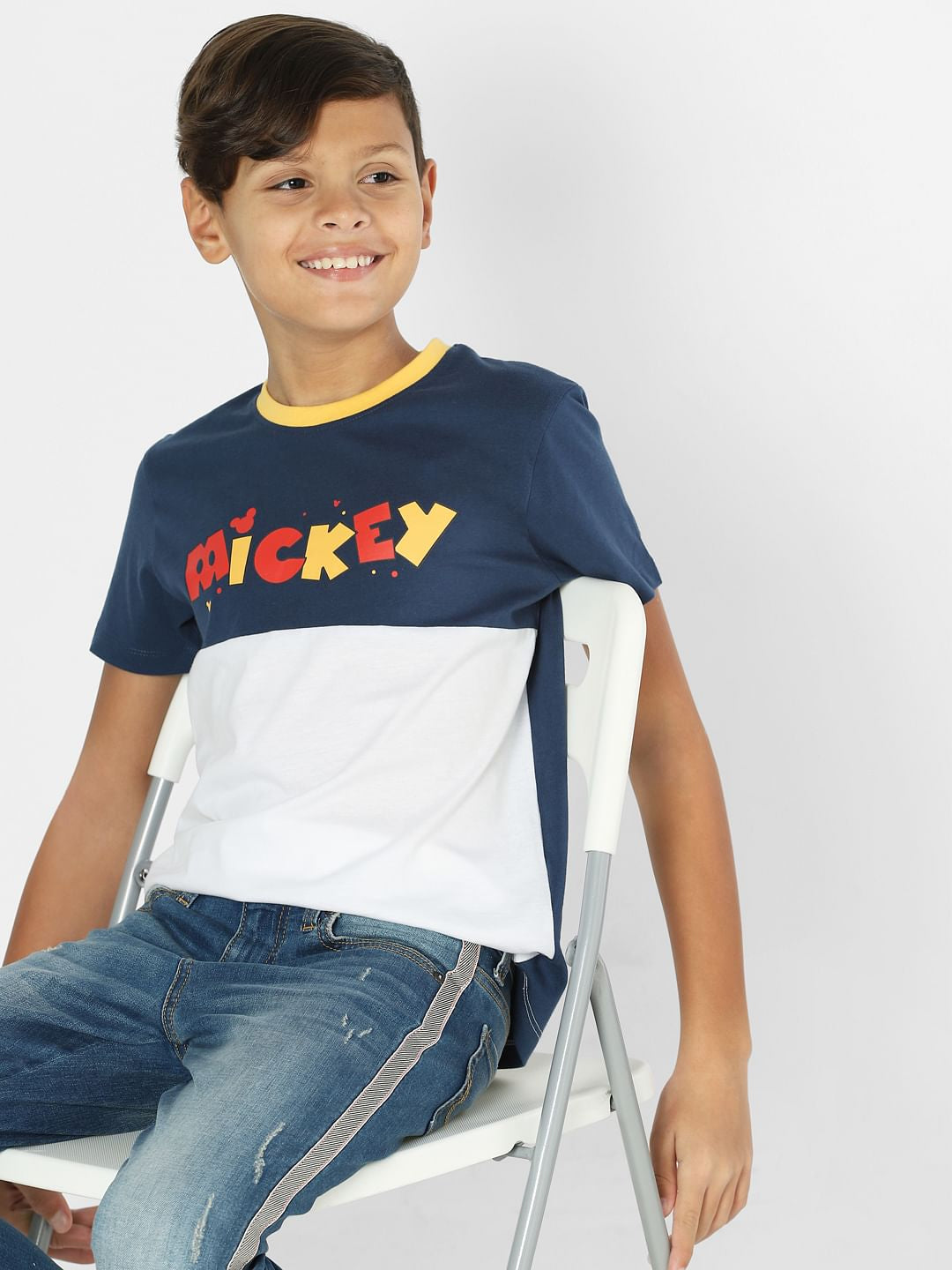 Boys x Mickey Blue Colourblocked Crew Neck T-shirt - 4/5Y