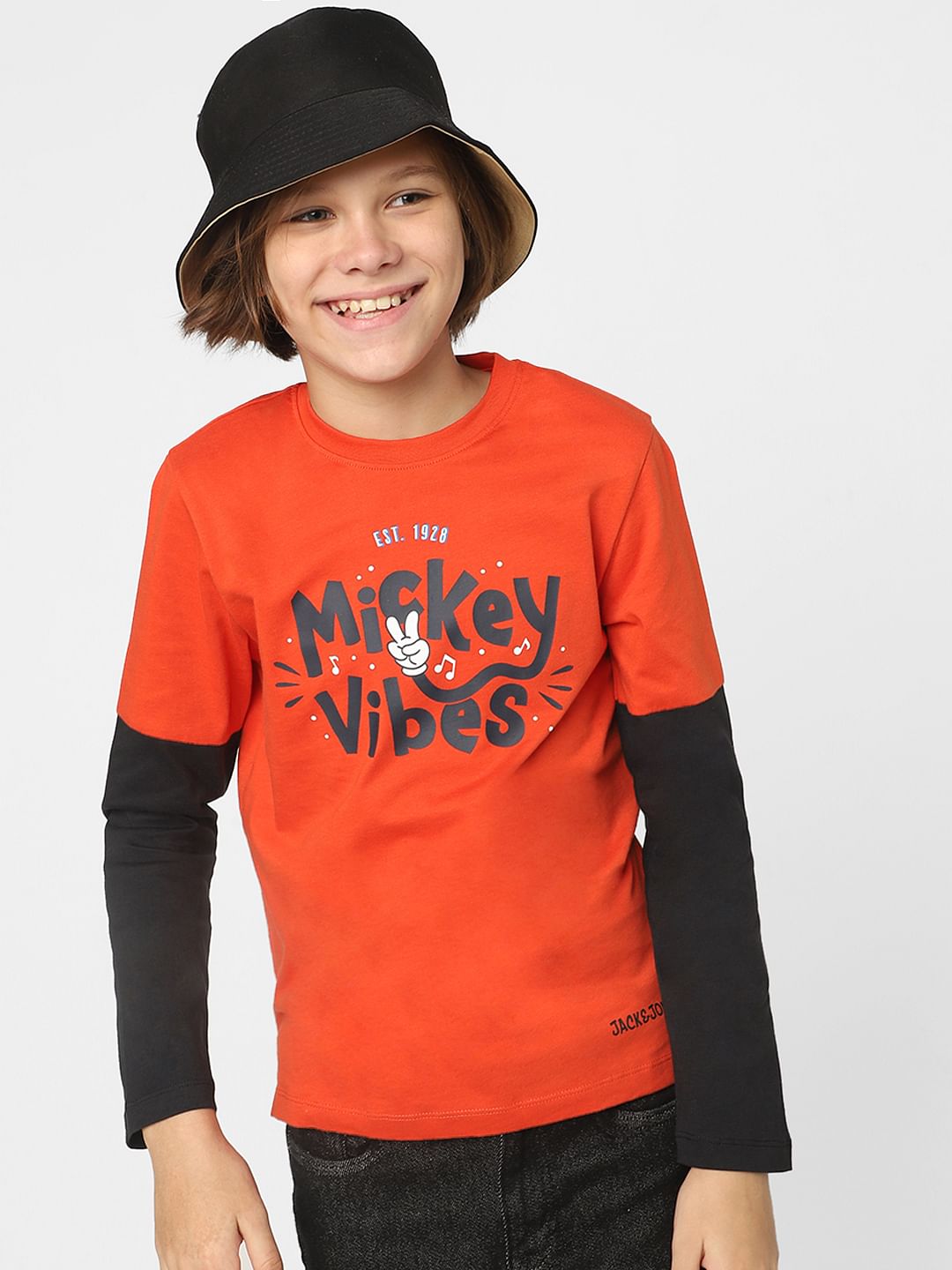 Boys Red Mickey Text Print T-shirt