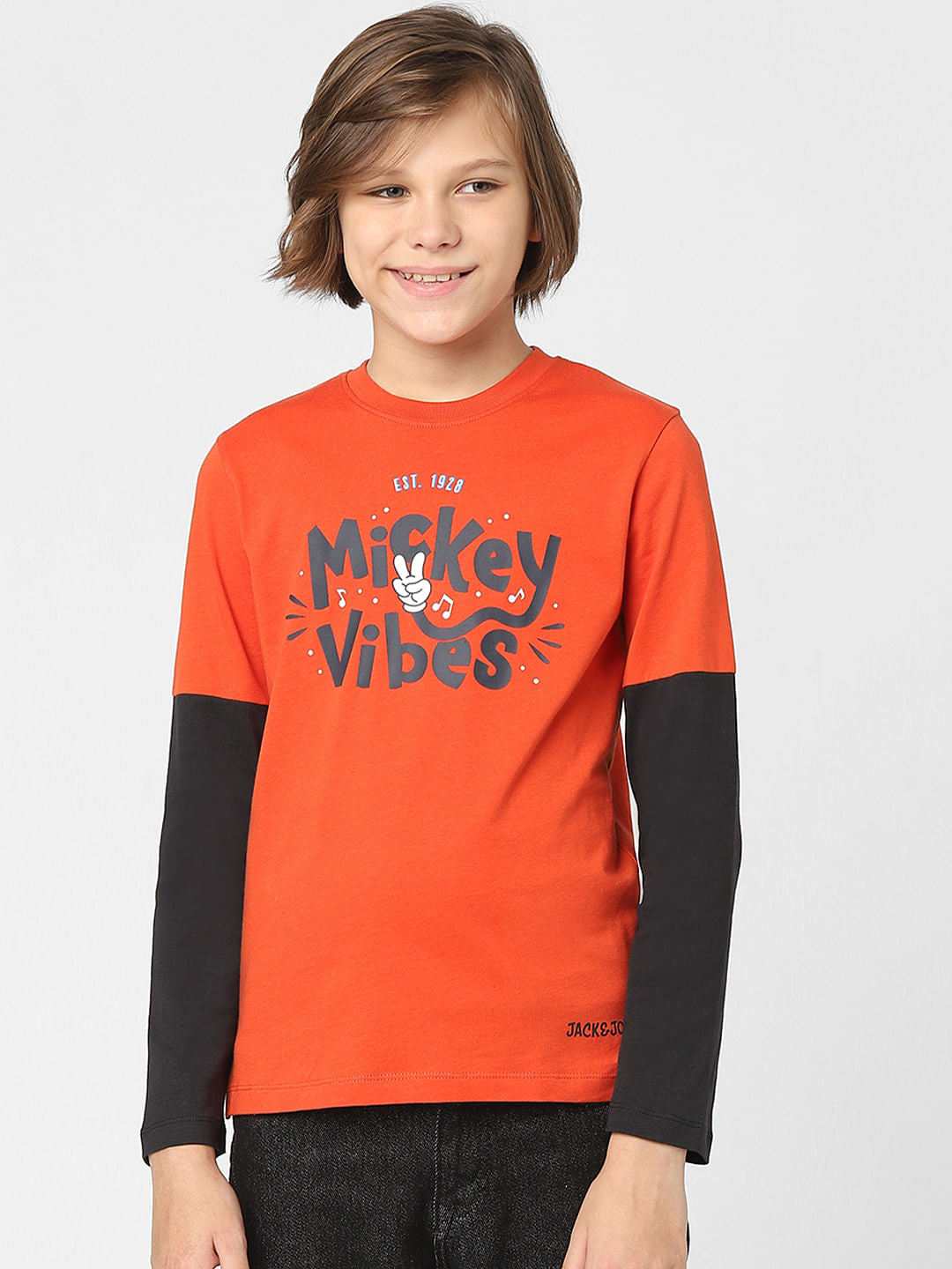 Boys Red Mickey Text Print T-shirt