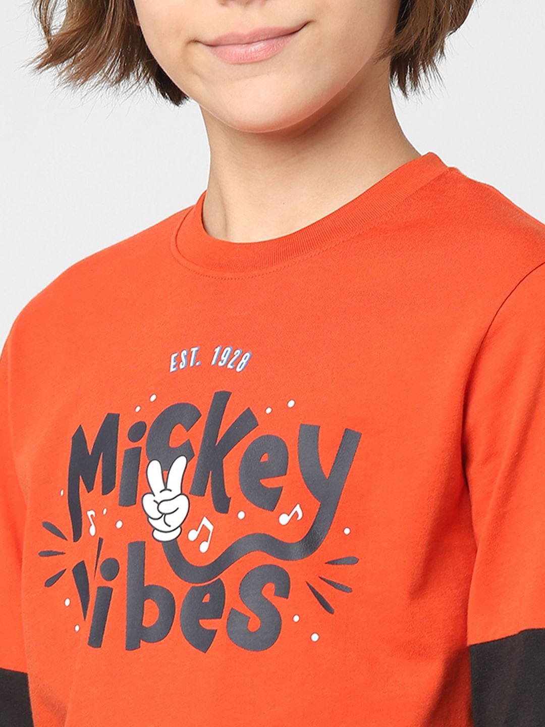 Boys Red Mickey Text Print T-shirt