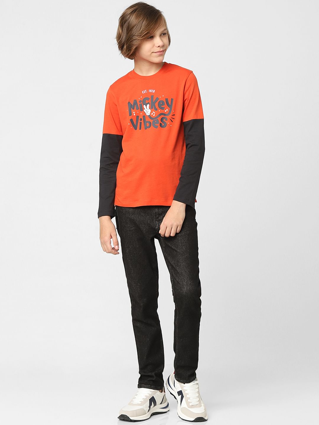 Boys Red Mickey Text Print T-shirt