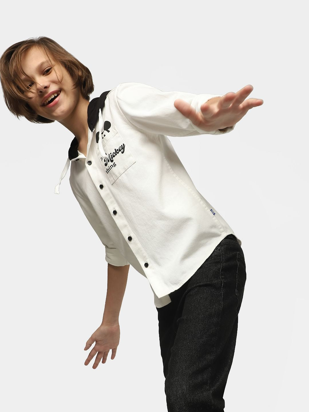 Boys White Mickey Print Hooded Shirt - 4/5Y