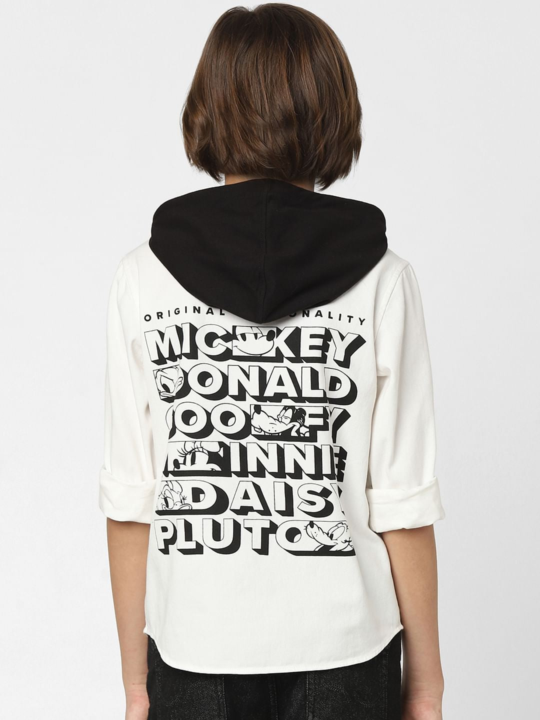 Boys White Mickey Print Hooded Shirt