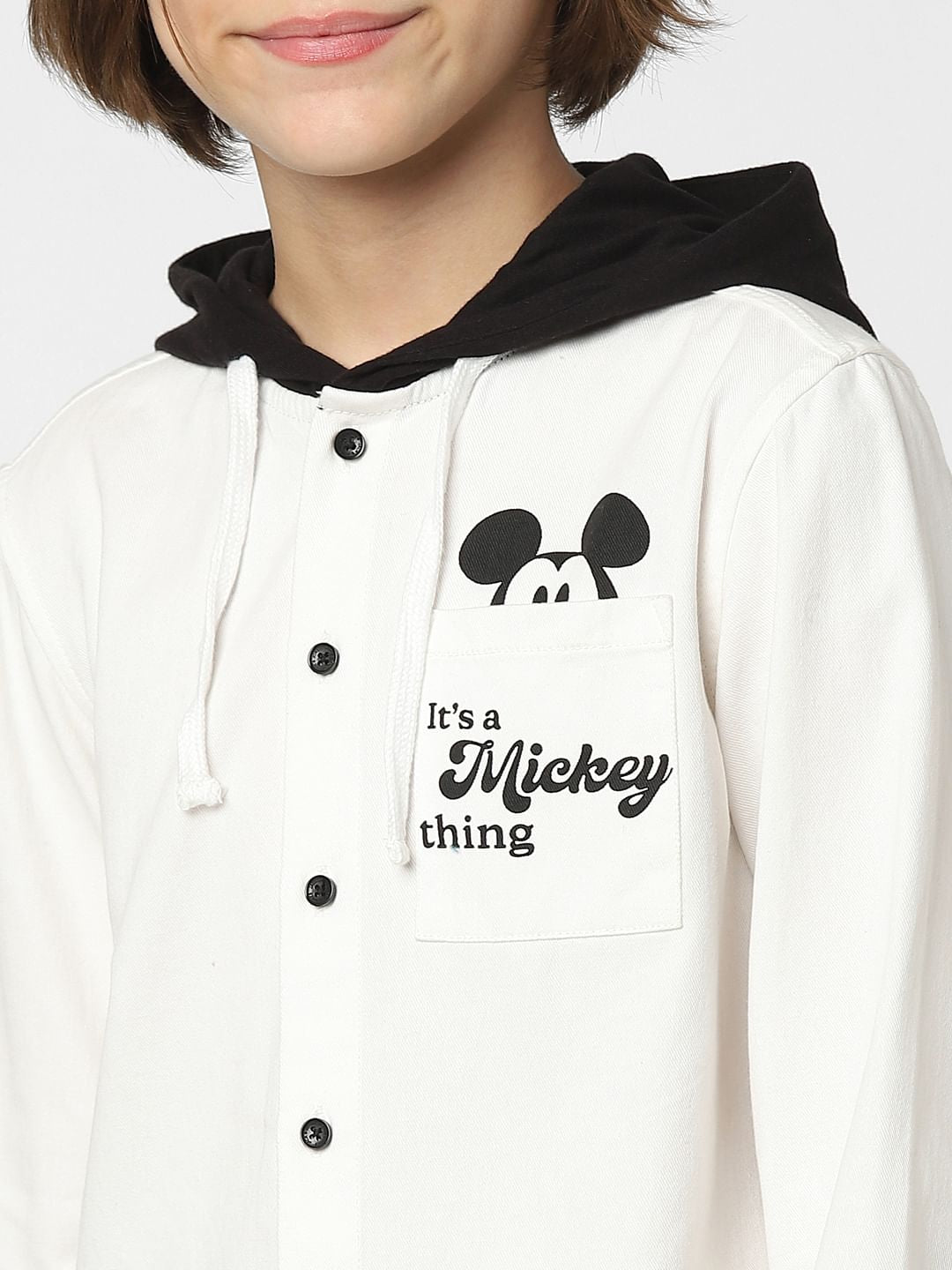 Boys White Mickey Print Hooded Shirt
