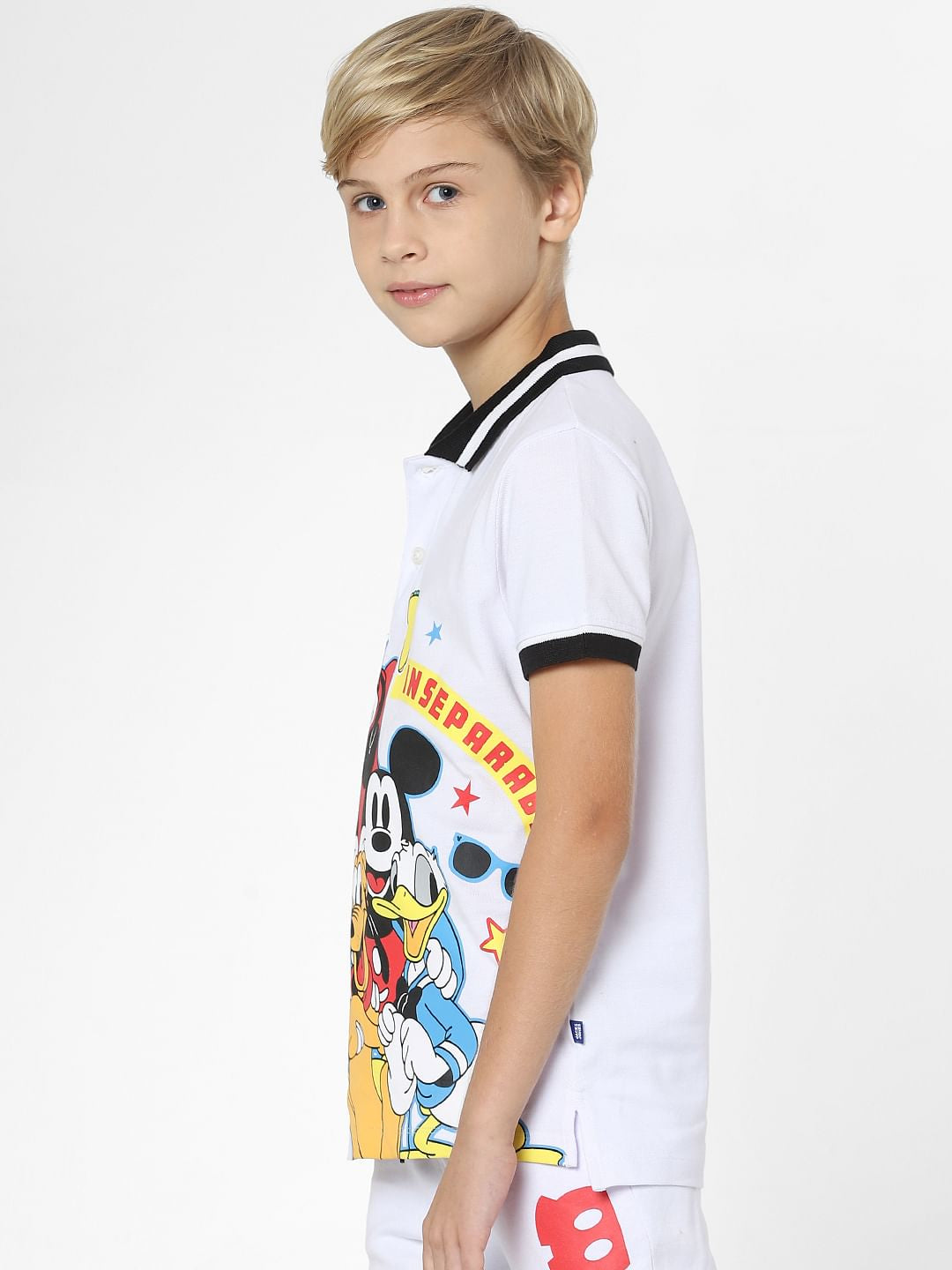 Boys White Mickey Print Polo T-shirt