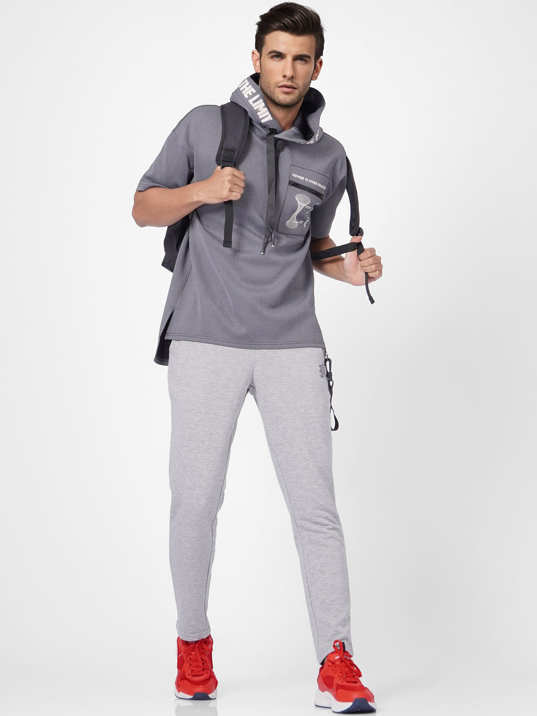 Grey Hooded Pocket Print Sweatshirt - S
