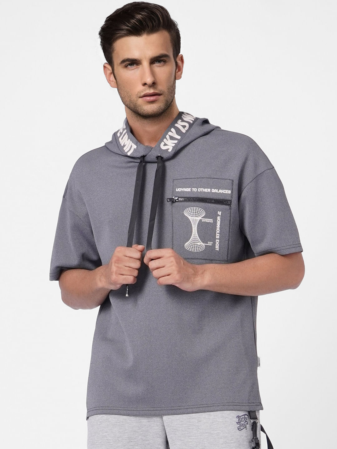 Grey Hooded Pocket Print Sweatshirt