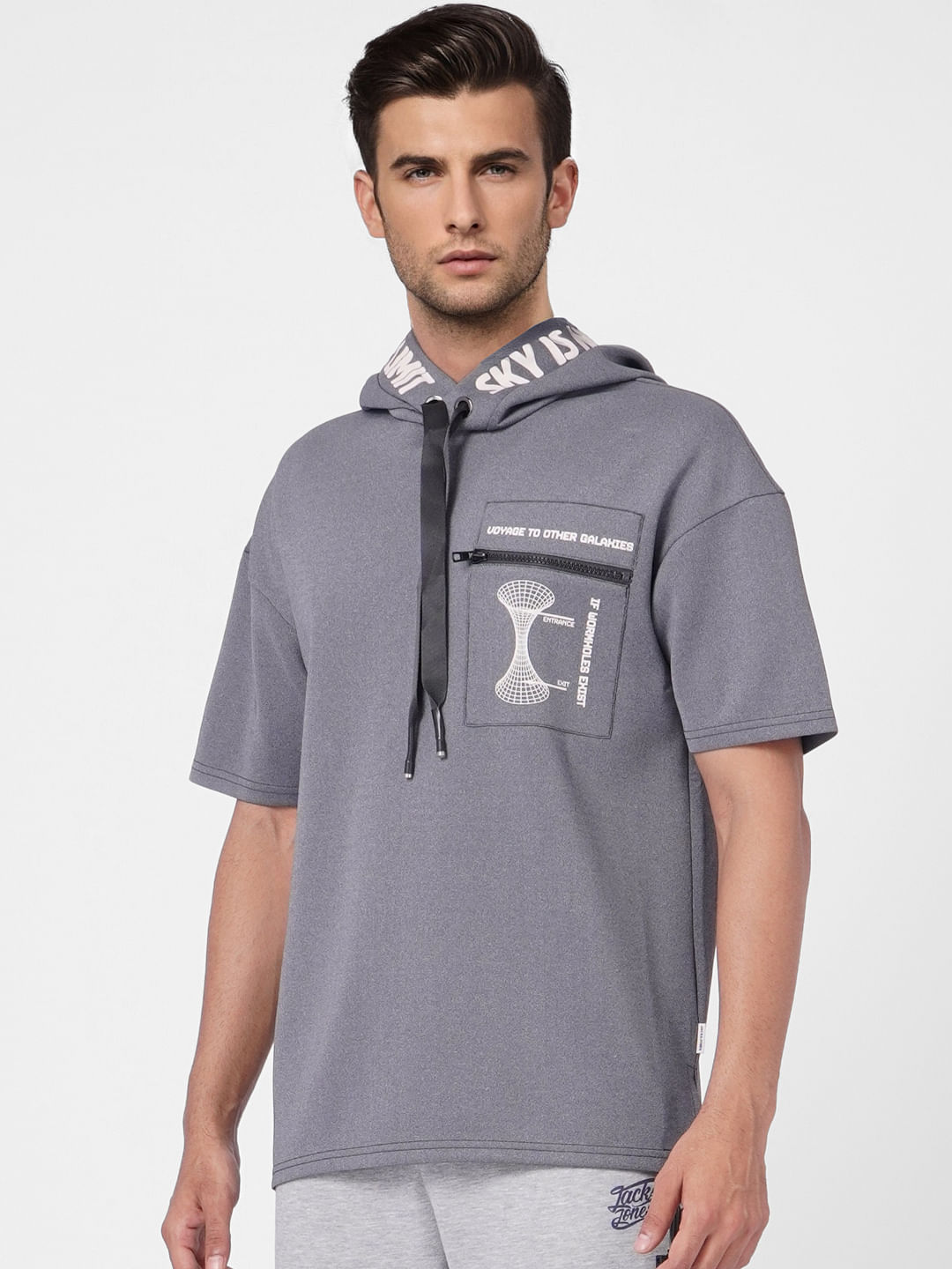 Grey Hooded Pocket Print Sweatshirt