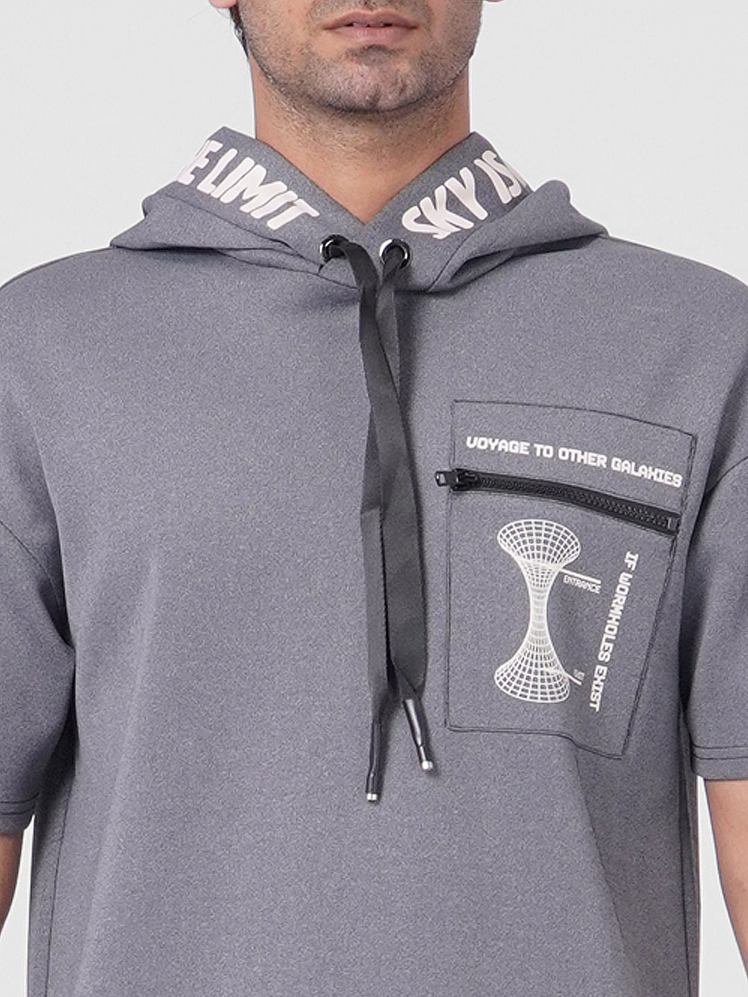 Grey Hooded Pocket Print Sweatshirt