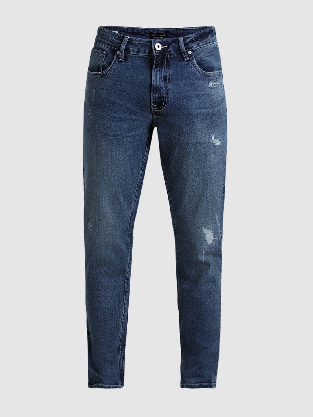 Blue Mid Rise Distressed Brak Slim Jeans
