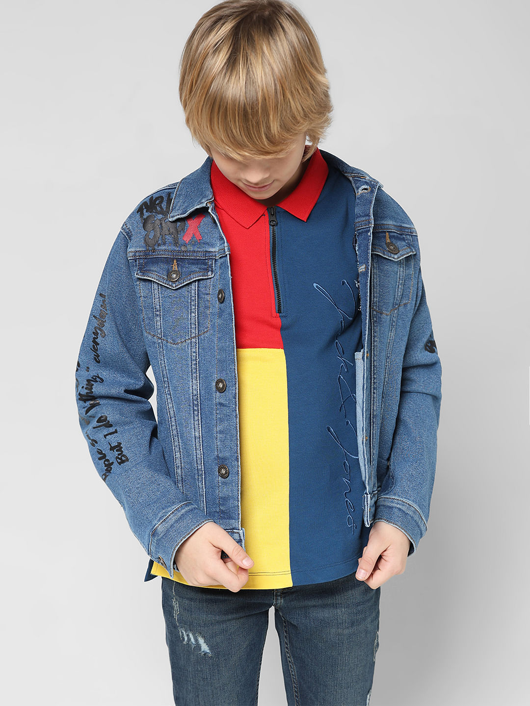 JUNIOR BOYS Blue Colourblocked Polo T-shirt - 4/5Y