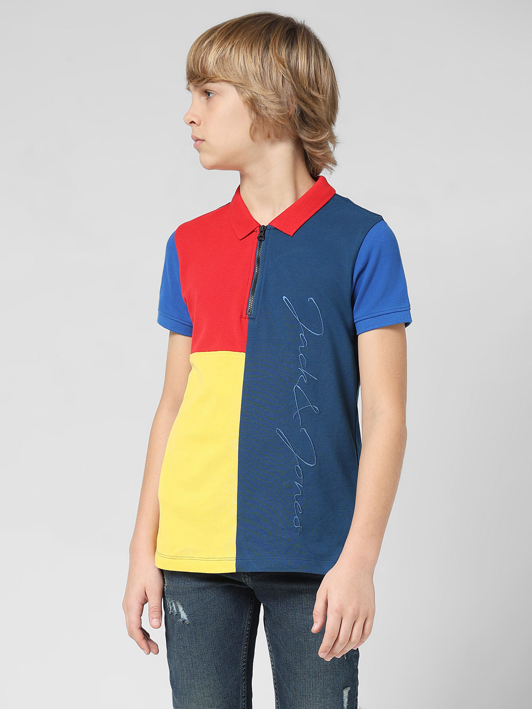 JUNIOR BOYS Blue Colourblocked Polo T-shirt