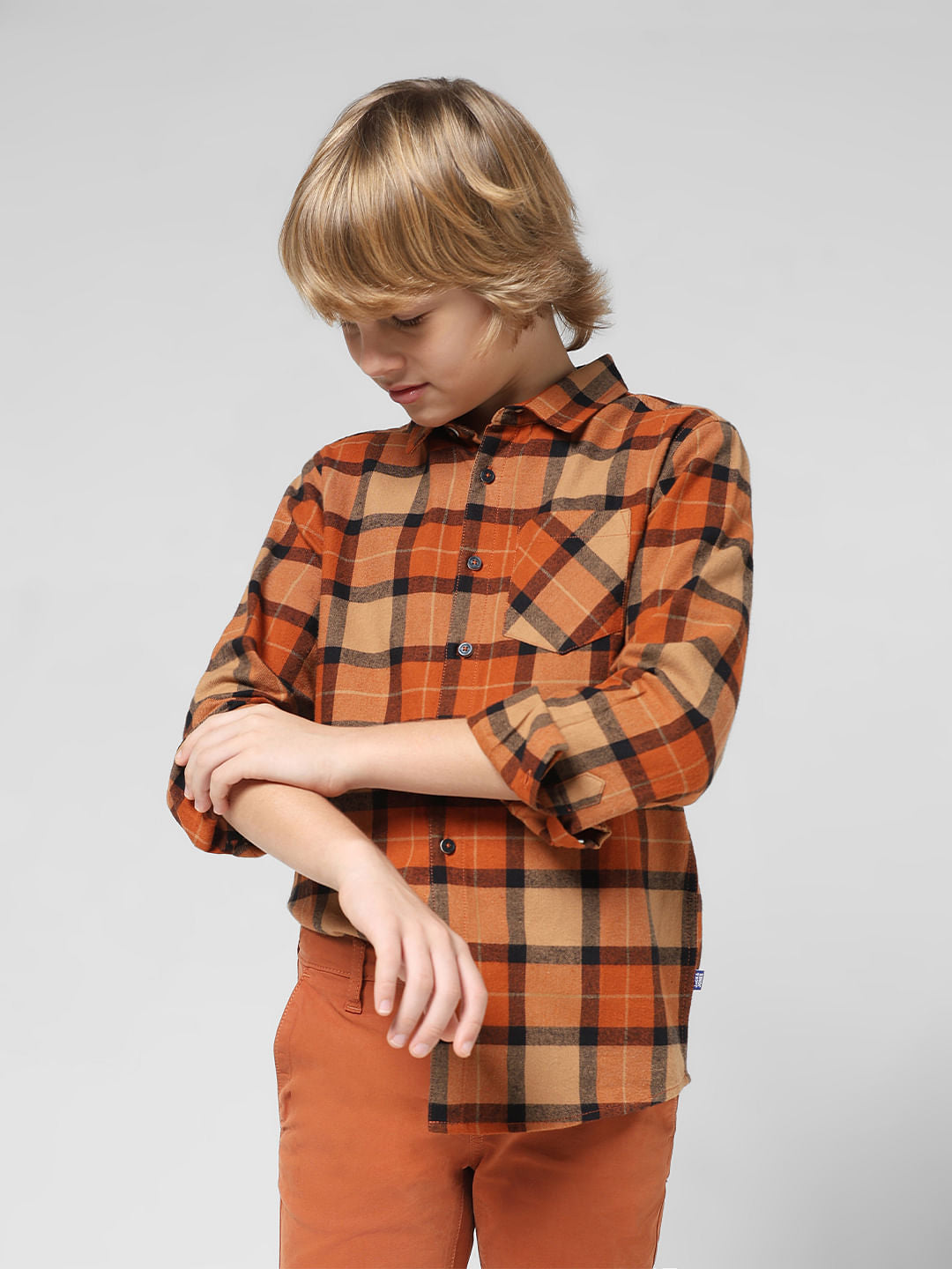 JUNIOR BOYS Orange Check Full Sleeves Shirt - 4/5Y