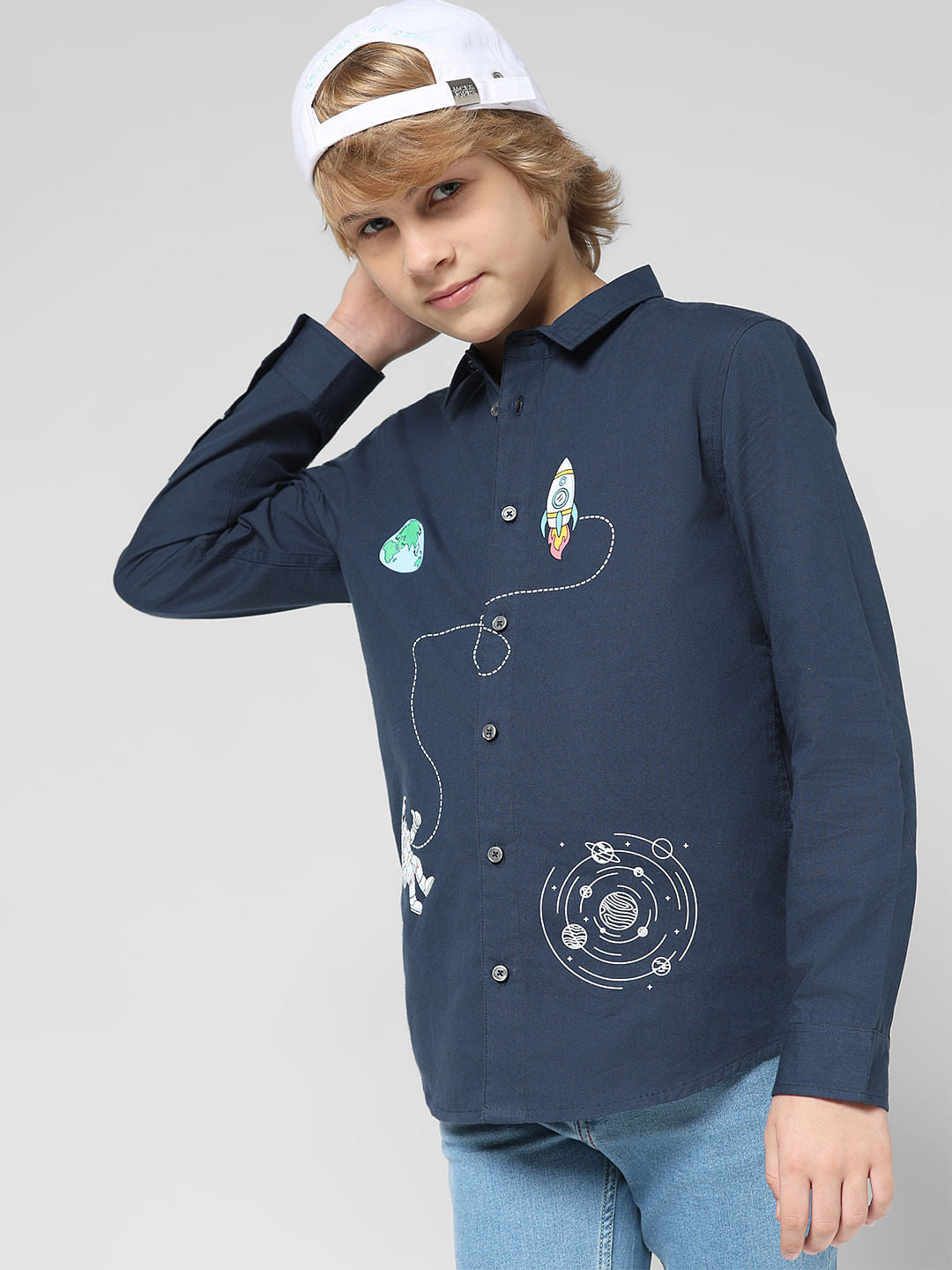 JUNIOR BOYS Blue Space Print Full Sleeves Shirt - 4/5Y
