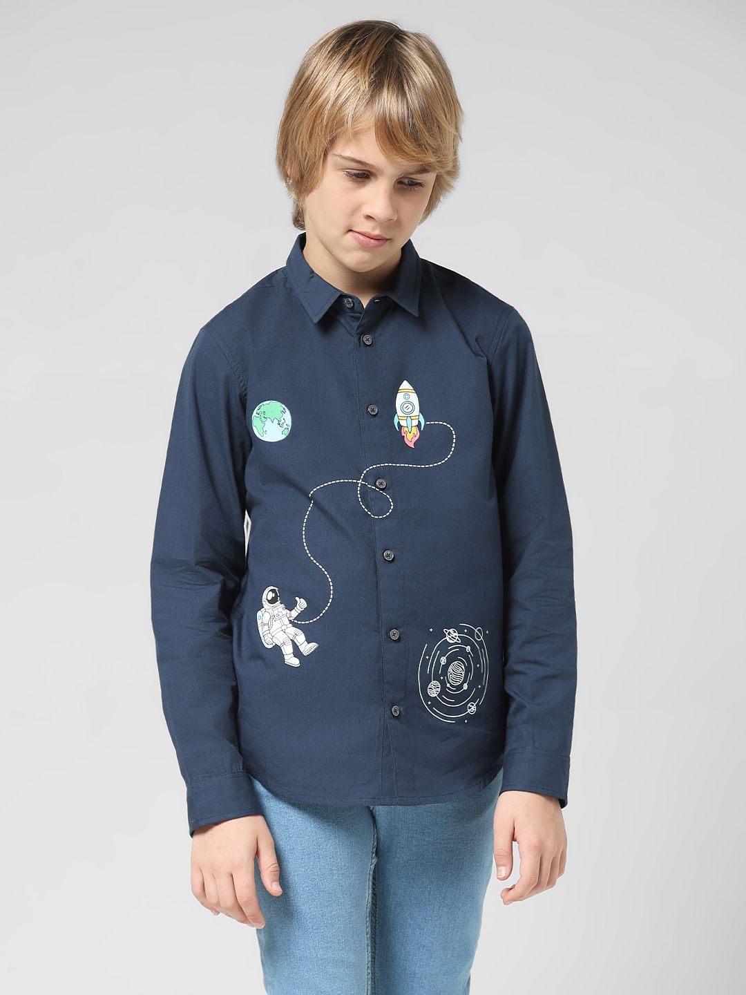 JUNIOR BOYS Blue Space Print Full Sleeves Shirt
